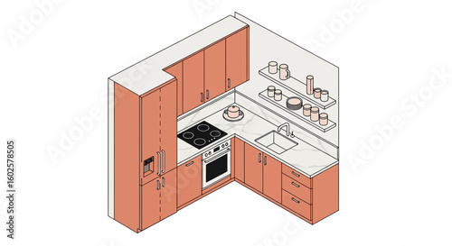 Modern kitchen layout with appliances and storage