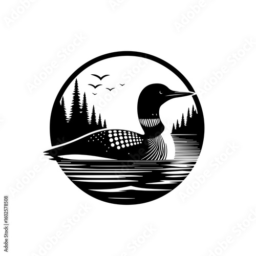 A loon swims gracefully in a lake surrounded by pine trees depicted in a circular silhouette