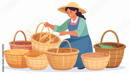 Smiling woman in a straw hat and apron arranging a collection of woven wicker baskets.