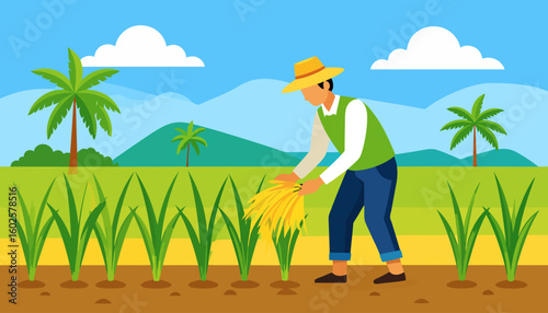 Male farmer in a straw hat and green vest harvesting a golden sheaf of rice by hand.
