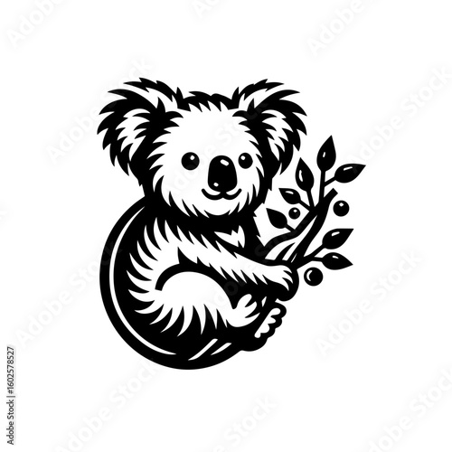 A charming illustration of a koala clinging to a eucalyptus branch isolated on white background
