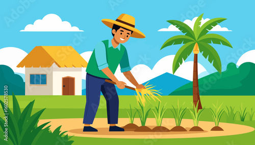 Smiling cartoon farmer in a yellow straw hat and green shirt harvesting a bundle of golden rice stalks.