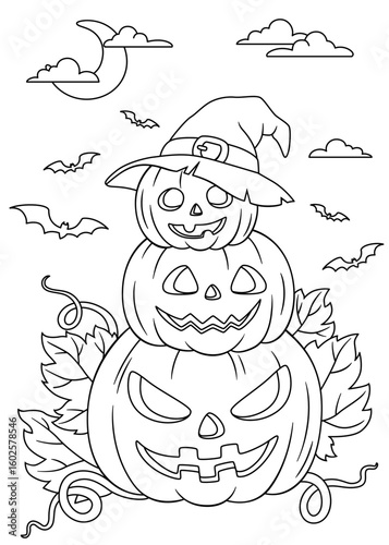 Stack of three Halloween pumpkins with witch hat and leaves standing on top of each other. Moon with clouds and flying bats. Black and white illustration for coloring book