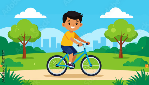 Happy cartoon boy with black hair and a yellow shirt riding a blue bicycle.