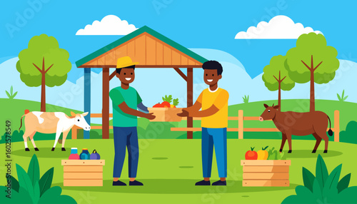 Two smiling Black farmers exchanging a box of fresh, locally grown produce in a rural farm setting.