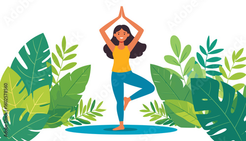 A serene woman with dark wavy hair in a yellow top practicing the yoga Tree Pose.