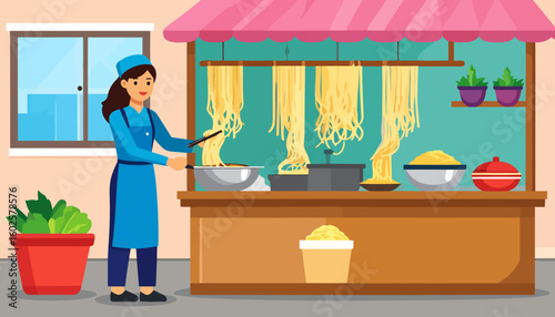 Cheerful female chef in a blue uniform cooking fresh noodles at a vibrant street food stall.