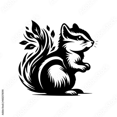 A stylized illustration of a chipmunk with a bushy tail isolated on white background