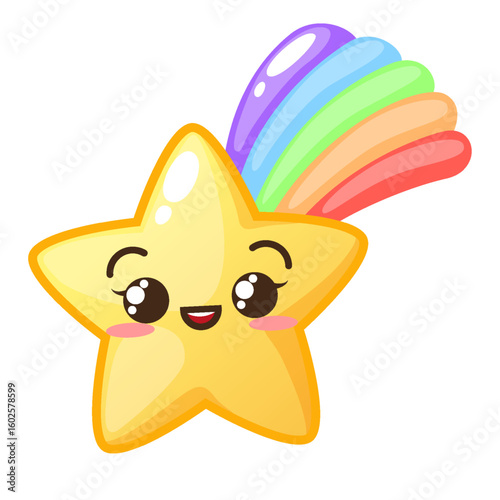 Kawaii falling star character with rainbow tail. Cute cartoon kids icon. Vector illustration isolated on white background