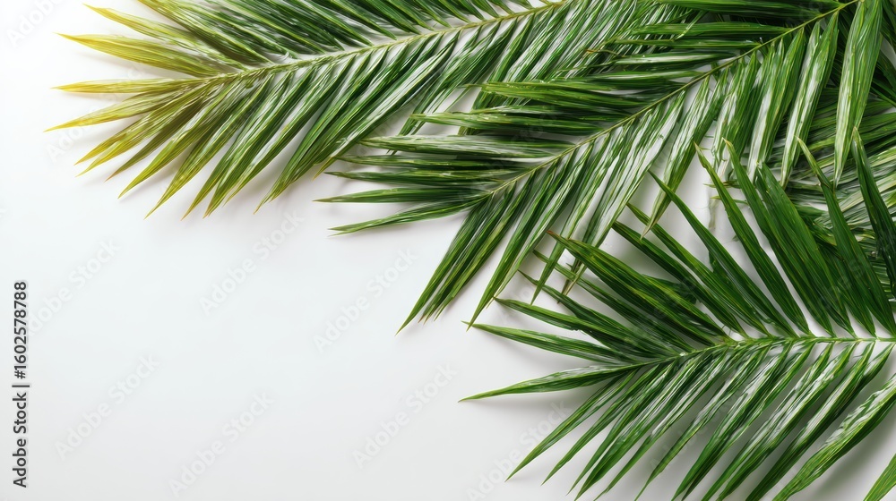 Fototapeta premium Vibrant green palm leaves elegantly arranged on a clean white background, perfect for fresh and natural themes.