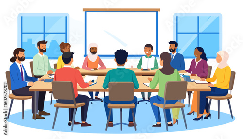 Diverse team of multicultural business professionals sitting around a conference table during a collaborative office meeting.