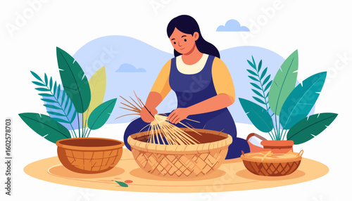 Smiling artisan woman in a blue apron sitting and skillfully weaving a traditional wicker basket by hand.