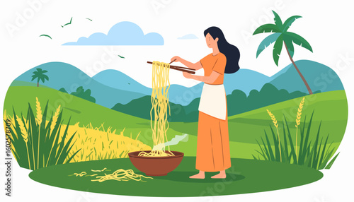 A woman with long dark hair in an orange dress and apron lifts steaming noodles with chopsticks from a bowl.