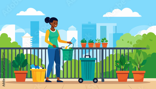 Smiling Black woman with a hair bun sorting trash into a green bucket on an urban balcony.