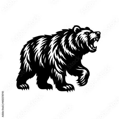 A fierce grizzly bear in profile roaring with its mouth open isolated on a white background