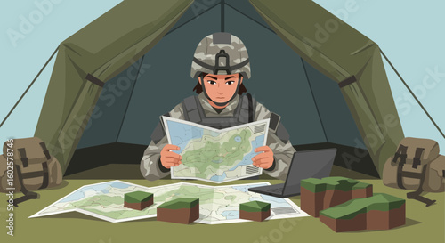 Female Soldier Planning Strategy In Tent With Topographical Map