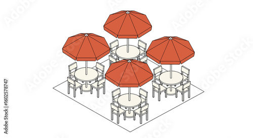 Outdoor cafe seating arrangement with umbrellas and tables