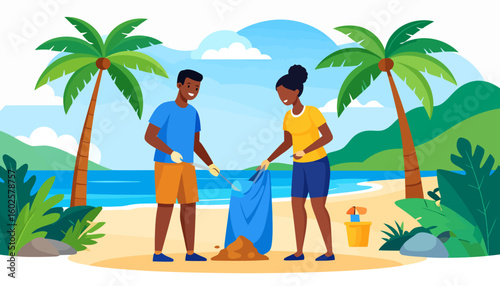 Cheerful Black man and woman in casual clothes collecting garbage on a beach with a trash bag and picker tool.