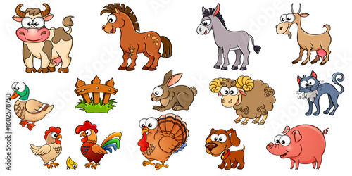 Big set of cute cartoon farm animals. Horse, cow, goat, rabbit, dog, hen, cock, chick, sheep, turkey, duck, cat, donkey, pig and fence. Illustration isolated on white background