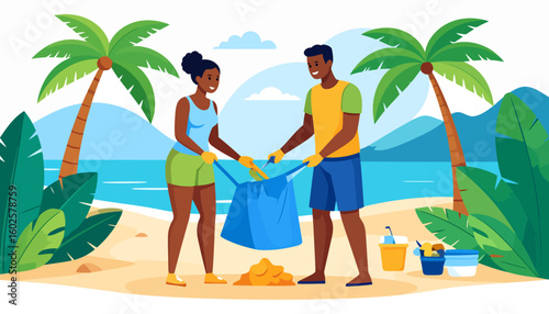 A smiling young couple with dark skin tones collecting trash in a blue bag during a beach cleanup.