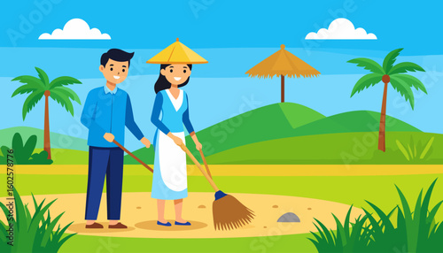 Cartoon illustration of an Asian couple cleaning outdoors, the woman wearing a conical hat and sweeping with a broom.