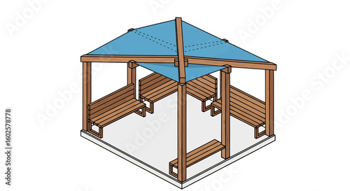 Outdoor seating area with shade canopy structure