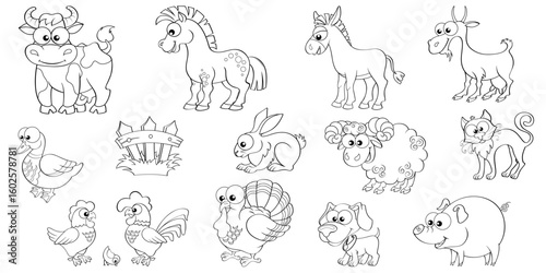 Big set of cute cartoon farm animals. Horse, cow, goat, rabbit, dog, hen, cock, chick, sheep, turkey, duck, cat, donkey, pig and fence. Black and white illustration for coloring book