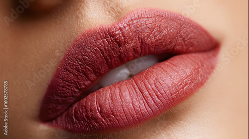 A close-up showcasing a woman's lips adorned with a rich, reddish-brown lip color, partially open to reveal white teeth, emphasizing beauty.