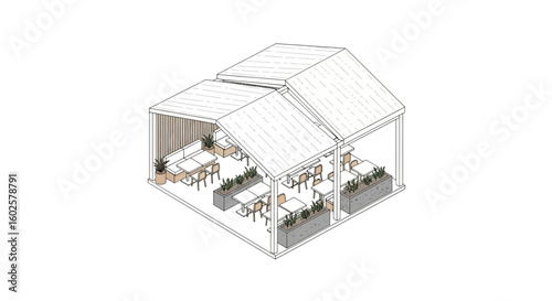 Outdoor patio pergola seating area with plants and tables