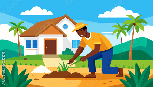 A smiling Black farmer in a yellow hat kneels to plant a green seedling in the soil.