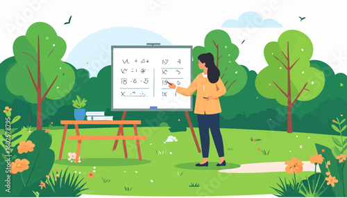Female teacher in a yellow jacket conducting an outdoor lesson, writing on a whiteboard amidst a vibrant green park.