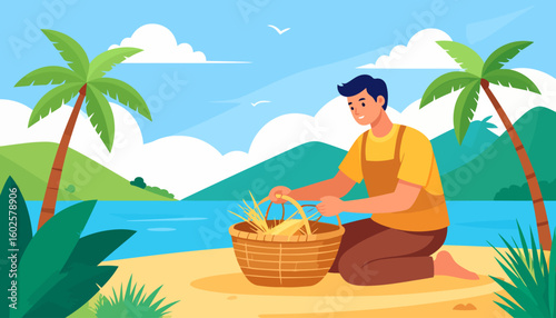 Young man in a yellow shirt and brown apron, kneeling while holding a woven basket.
