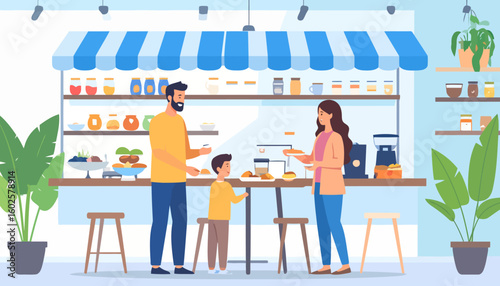 Young family with son enjoying breakfast at a modern cafe counter with a striped awning.
