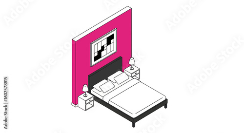 Pink bedroom interior with bed and bedside tables