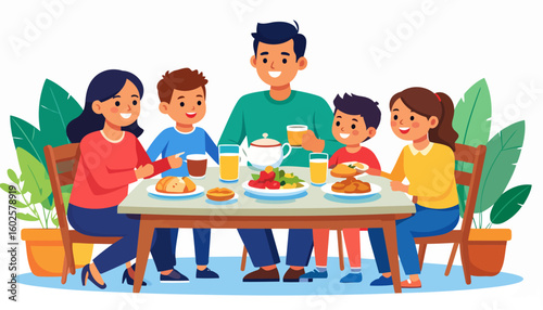 Happy cartoon family of five enjoying a meal together at a dining table, smiling and sharing food.