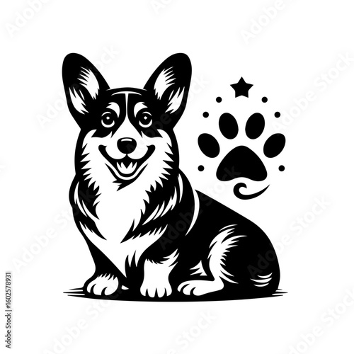 A happy corgi dog with a paw print and stars isolated on white background