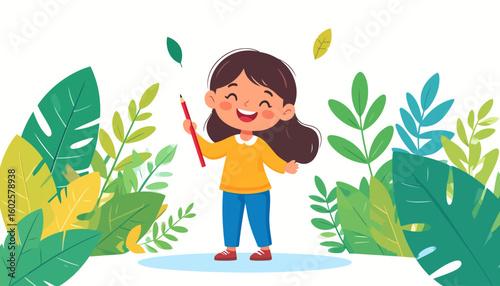 Cheerful cartoon girl with brown hair and a big smile, holding a red pencil while wearing a yellow sweater and blue pants.