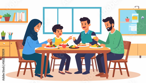Happy Muslim family of four, including a woman in a hijab, sharing a meal at a dining table.