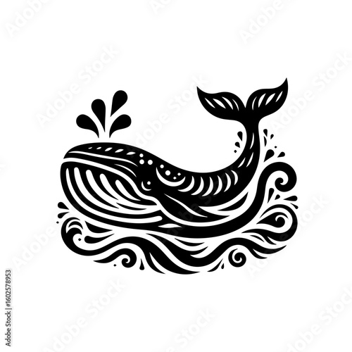 A stylized black and white illustration of a whale breaching in wavy water