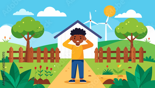 A distressed young boy with curly black hair, wearing a yellow shirt, holds his head in a gesture of anxiety or confusion.