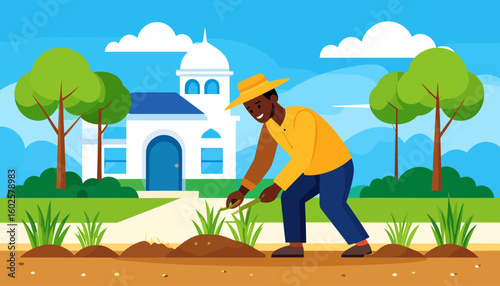Smiling Black farmer wearing a yellow shirt and hat, carefully planting seedlings in a field.