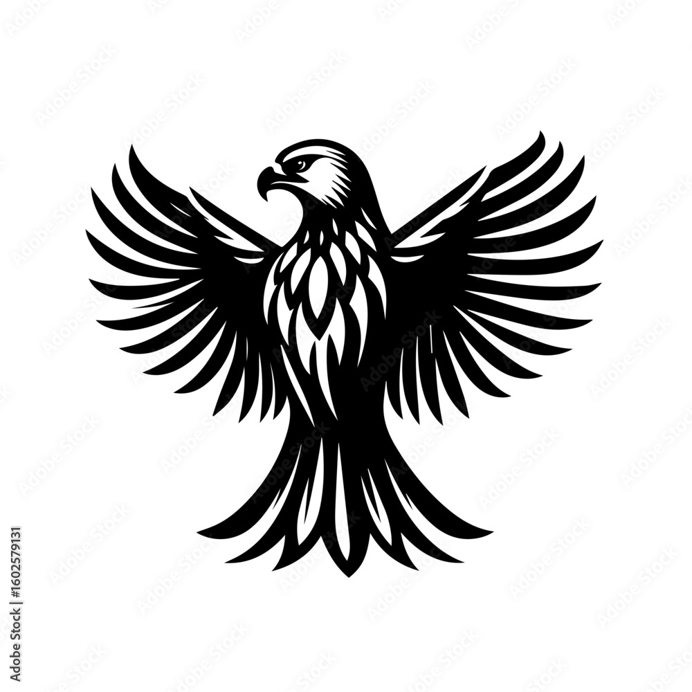 Obraz premium A stylized black silhouette of an eagle with its wings spread wide isolated on a white background