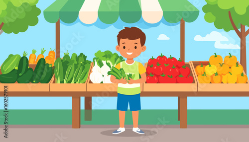 Cheerful cartoon boy holding fresh vegetables at a vibrant outdoor farmers market stall.