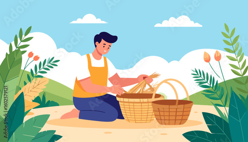 A cheerful young farmer in a yellow apron kneeling barefoot, carefully placing harvested wheat into a large wicker basket.