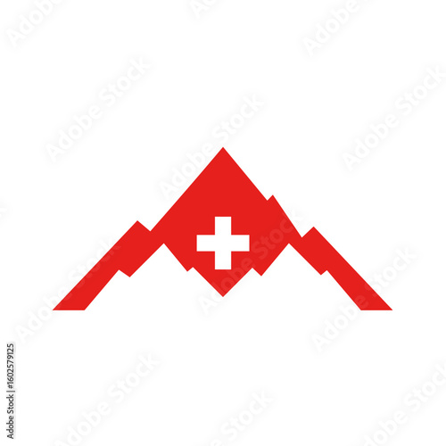 Swiss cross icon with mountain silhouette in red and white colors  