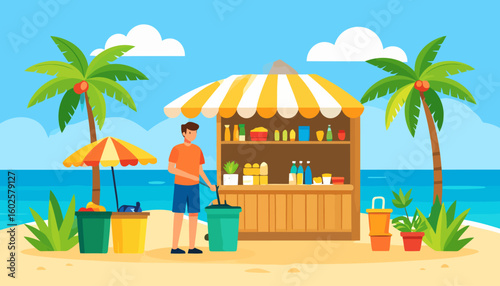 Vector illustration of a man cleaning a tropical beach with a stall, palm trees, and trash cans.