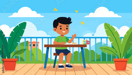 Smiling cartoon boy with black hair in a green shirt, sitting at a wooden desk and waving his hand.
