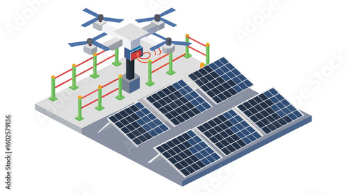 Isometric view of a drone charging at a solar panel array with safety barriers in a modern design