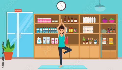 Happy woman in a turquoise tank top and grey leggings doing a yoga tree pose.