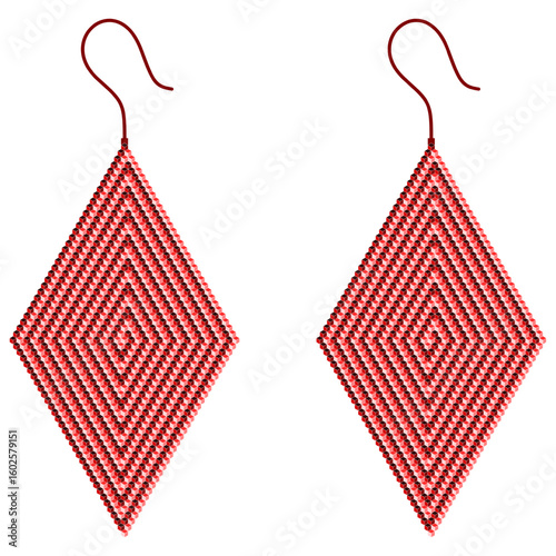 Two rhombus-shaped earrings, alternating light and dark red in a spiral direction